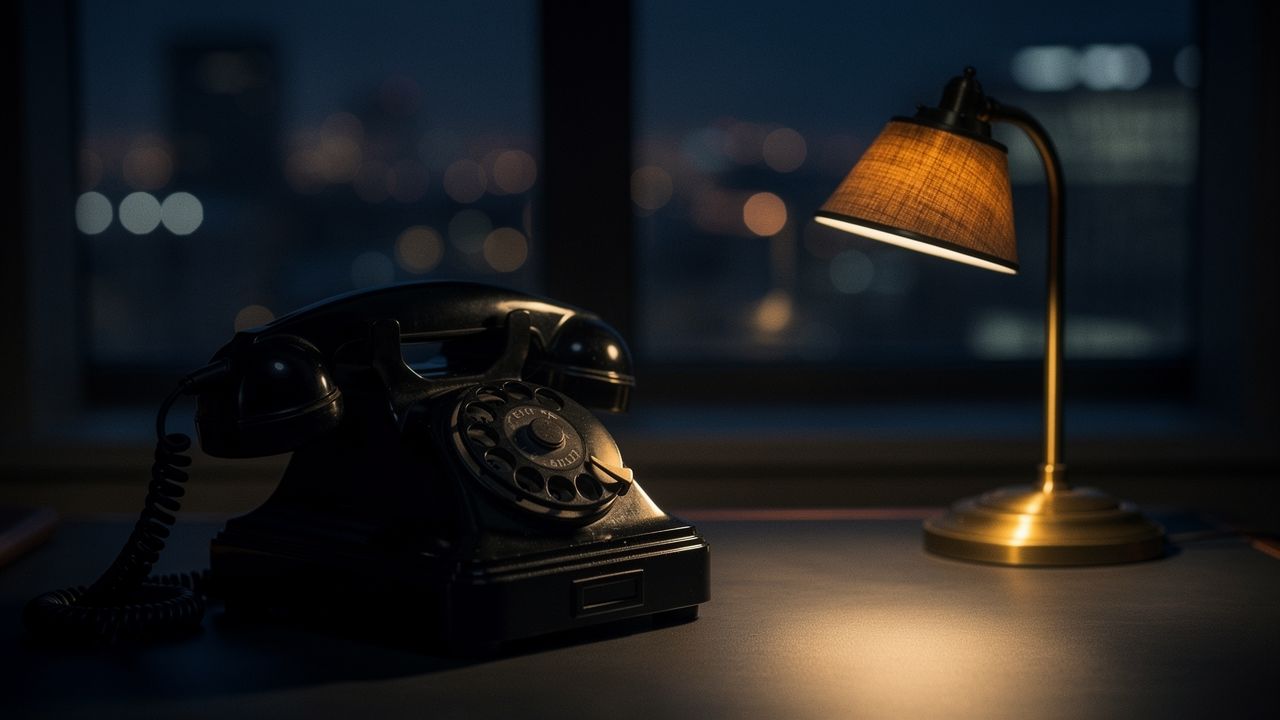 Loş bir çalışma masasında klasik telefon